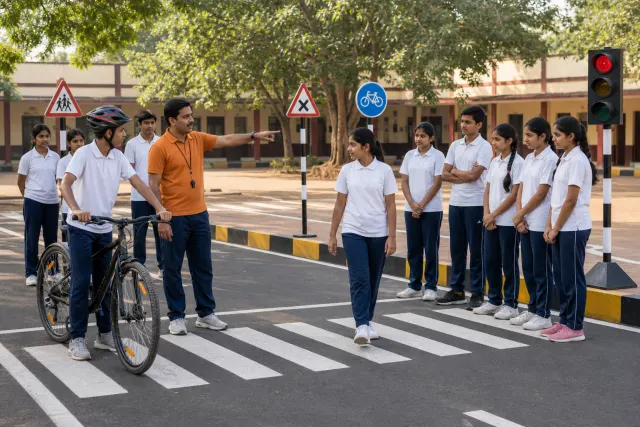 Indian students learning pedestrian and bicycle safety in a supervised school demonstration