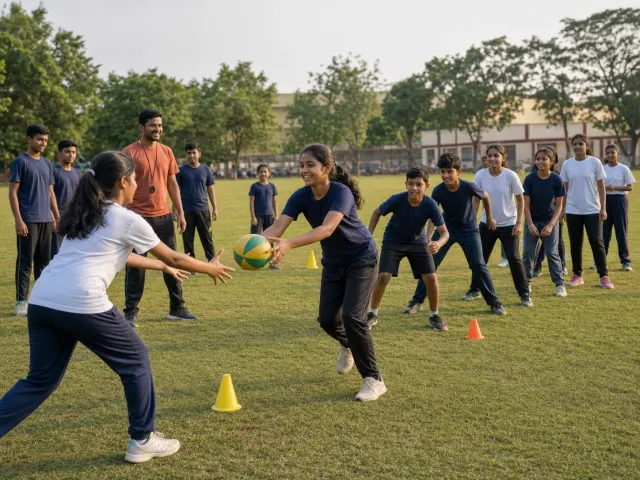 Indian students taking part in a supervised outdoor team sports activity